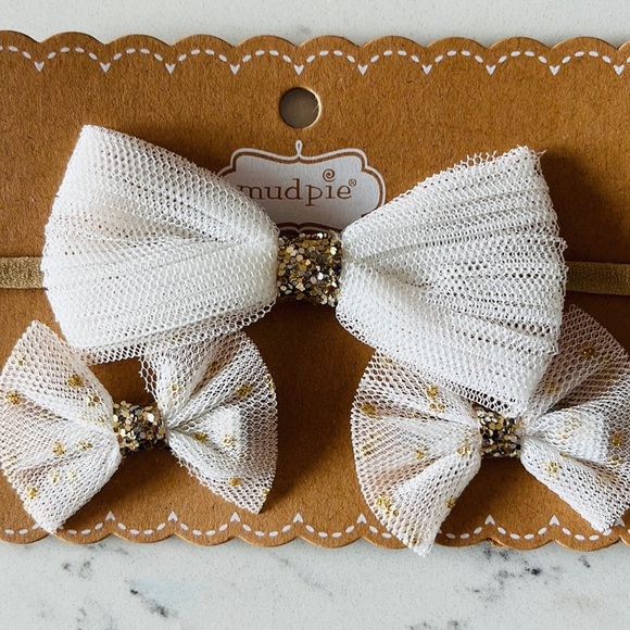 Mud Pie Ivory Mesh girl’s Bow Headband Clips Set - Picture 4 of 8